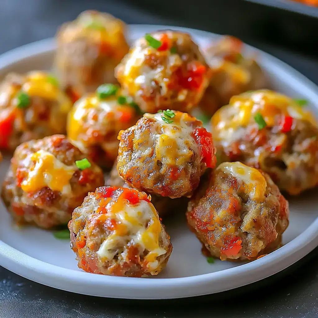 A close-up of a plate filled with golden-brown meatballs topped with melted cheese and colorful bits of red and green peppers.