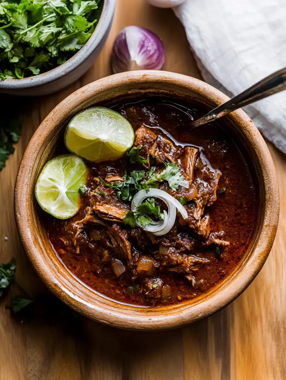 A bowl of rich, stewed meat garnished with lime wedges, cilantro, and sliced onions, accompanied by a side of fresh cilantro and a shallot.