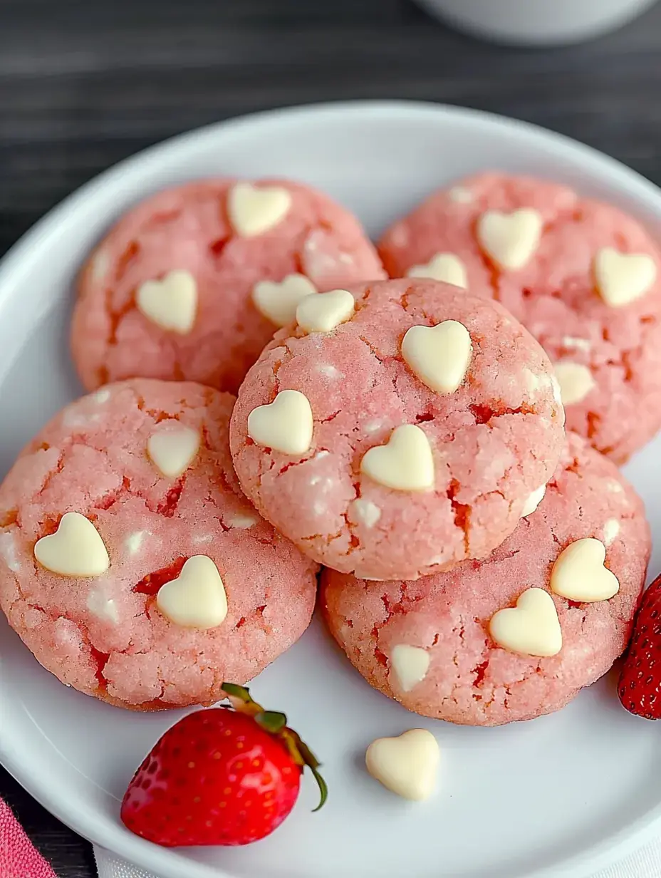 A plate of pink cookies adorned with white heart-shaped chocolate pieces, accompanied by fresh strawberries.