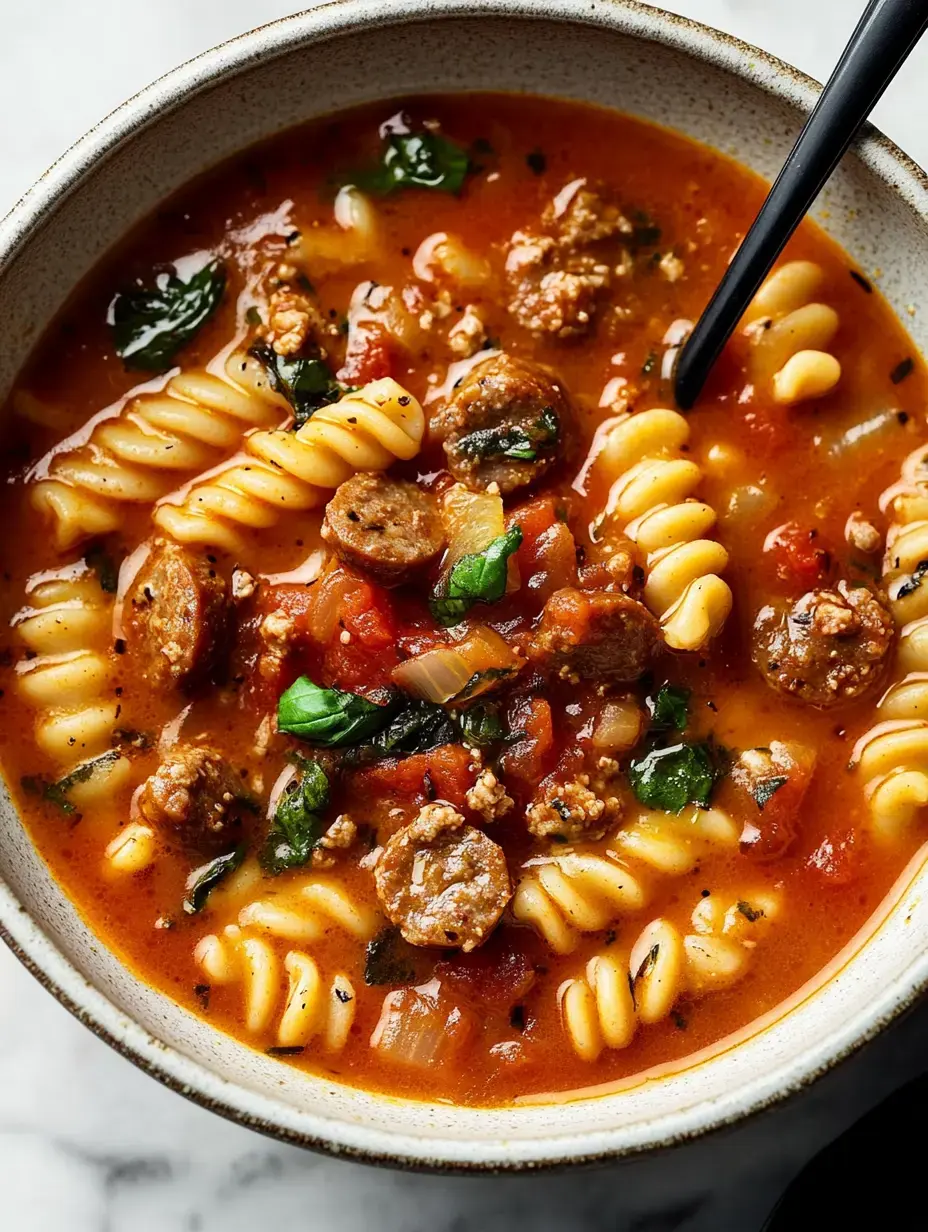 A close-up view of a bowl of pasta soup featuring spiral pasta, sausage pieces, tomatoes, and fresh spinach in a rich broth.