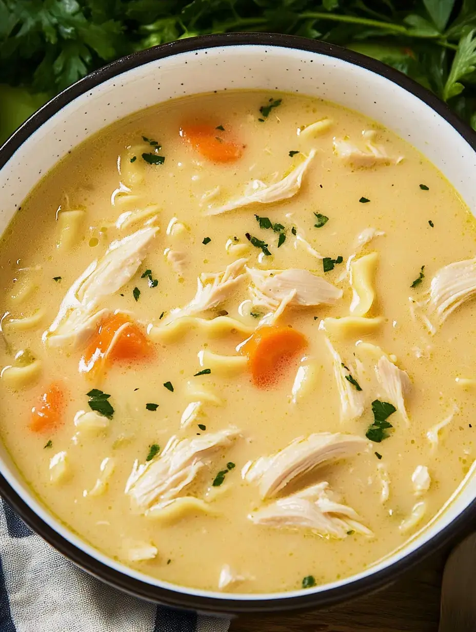 A bowl of chicken noodle soup with shredded chicken, noodles, carrots, and parsley in a creamy broth.