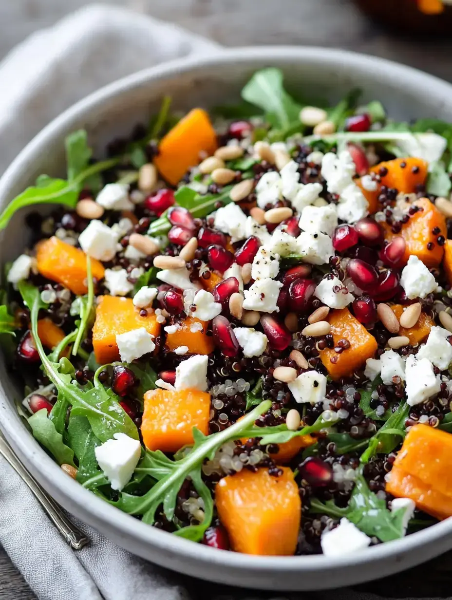 A colorful salad featuring mixed greens, quinoa, roasted butternut squash, pomegranate seeds, feta cheese, and pine nuts in a bowl.