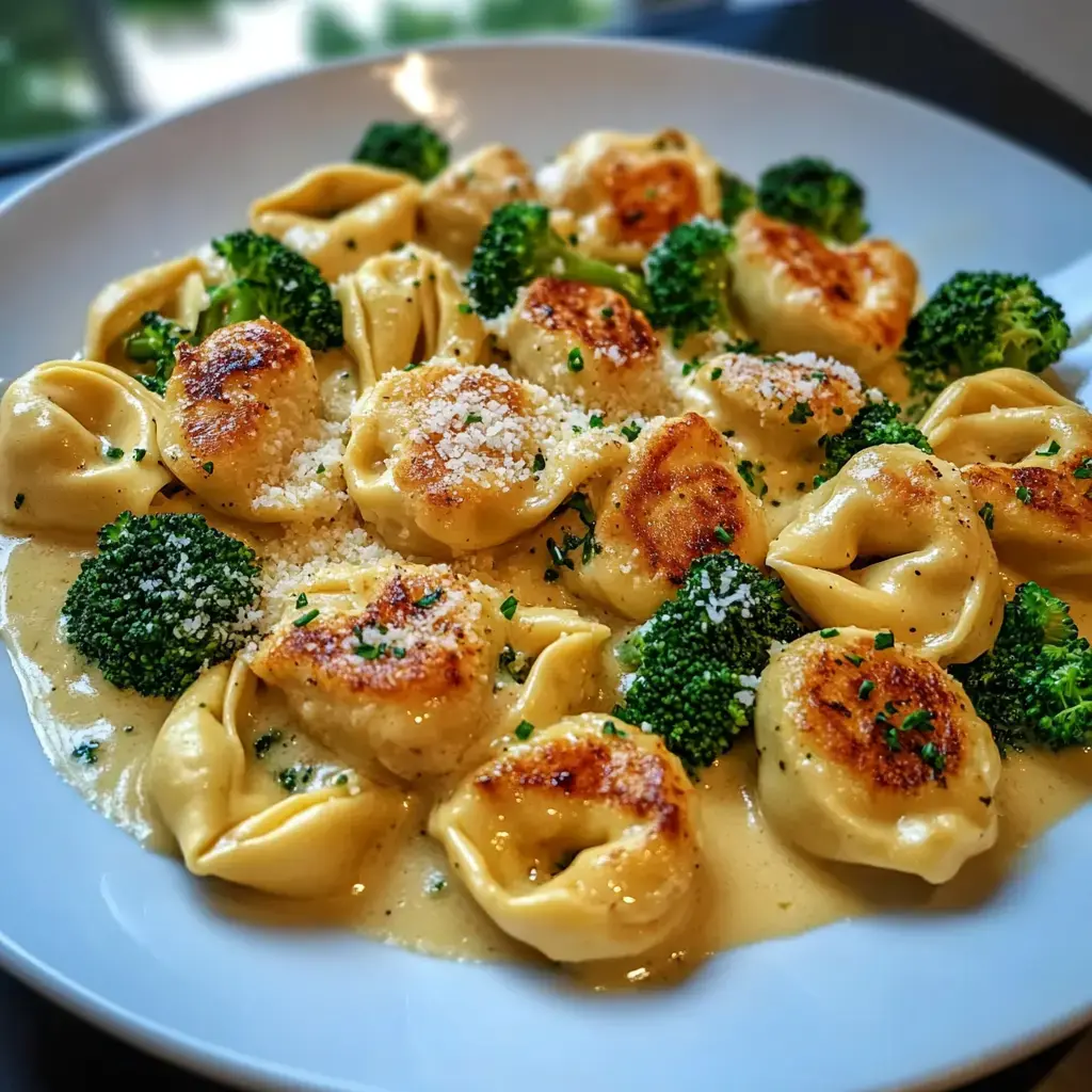 A plate of golden tortellini with broccoli in a creamy sauce, garnished with grated cheese and fresh herbs.