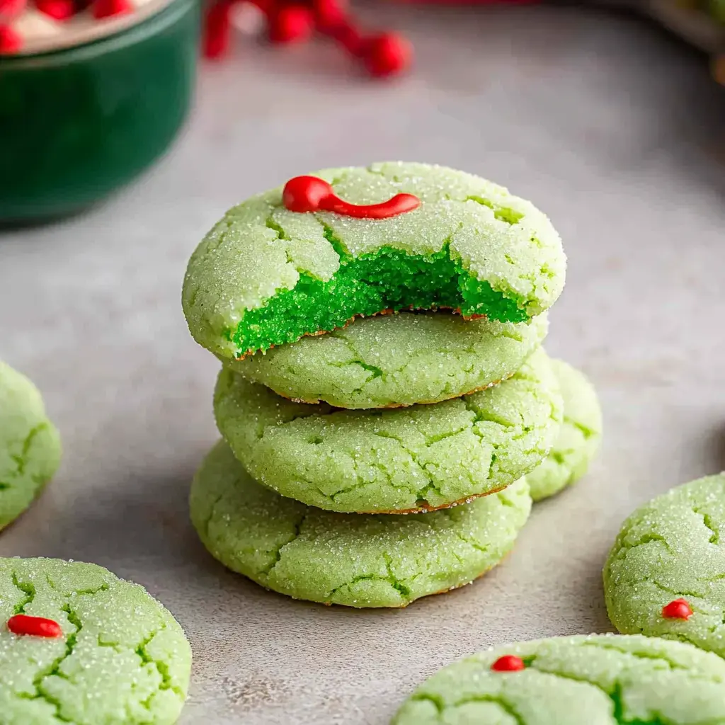 A stack of bright green cookies, one with a bite taken out, topped with red icing, placed on a light surface with additional cookies and festive decorations in the background.