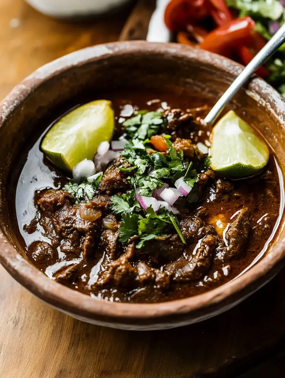 A clay bowl filled with rich, dark meat stew topped with chopped cilantro, diced onions, and lime wedges.