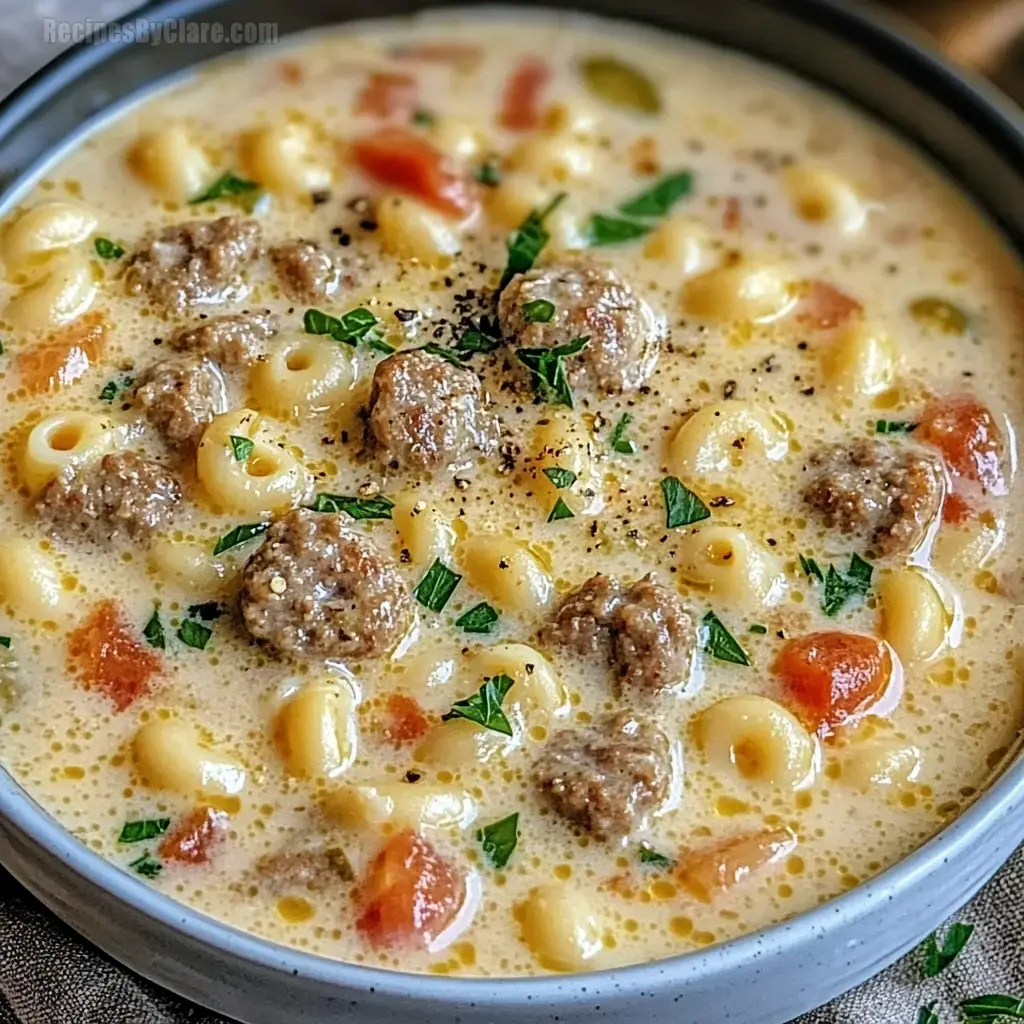 A close-up of a bowl of creamy soup featuring small meatballs, pasta, diced tomatoes, and garnished with fresh parsley.