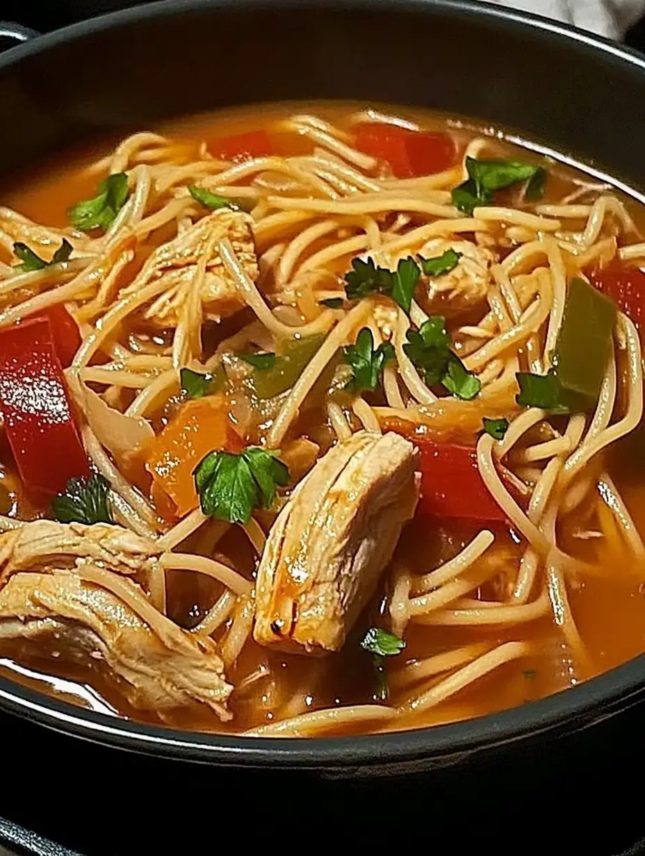 A bowl of chicken noodle soup with vegetables, featuring shredded chicken, bell peppers, and garnished with fresh parsley.