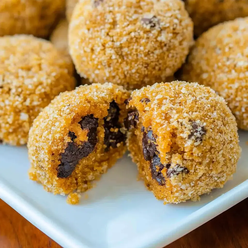 A close-up of sweet, round desserts coated in sandy texture, with one halved to reveal a chocolate filling inside.