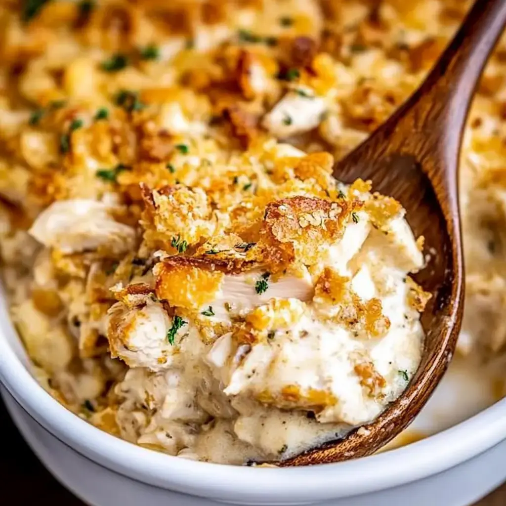 A creamy chicken casserole topped with golden, crispy breadcrumbs in a white serving dish.