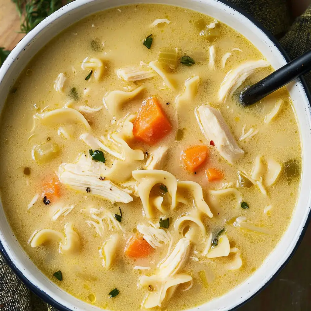 A bowl of chicken noodle soup with shredded chicken, noodles, carrots, and herbs in a light broth.