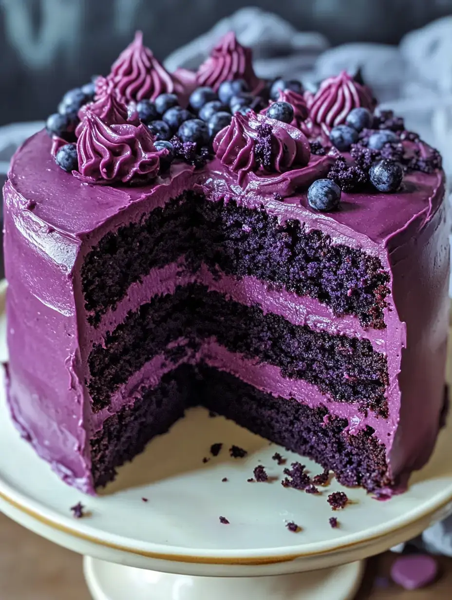 A beautifully decorated purple cake with layers of dark chocolate, topped with purple frosting and fresh blueberries, showcasing a slice cut out of it.