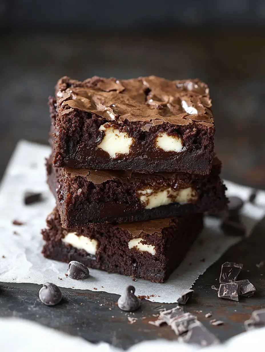 A stack of three chocolate brownies with creamy white chocolate filling, surrounded by chocolate chips and scattered pieces of chocolate on a dark surface.