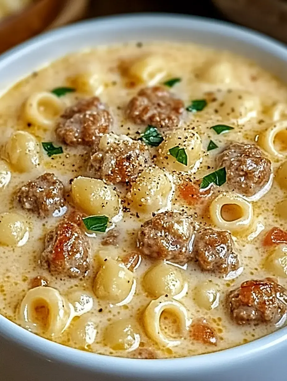 A close-up of a bowl of creamy pasta soup featuring small pasta shapes and meatballs, garnished with green herbs.