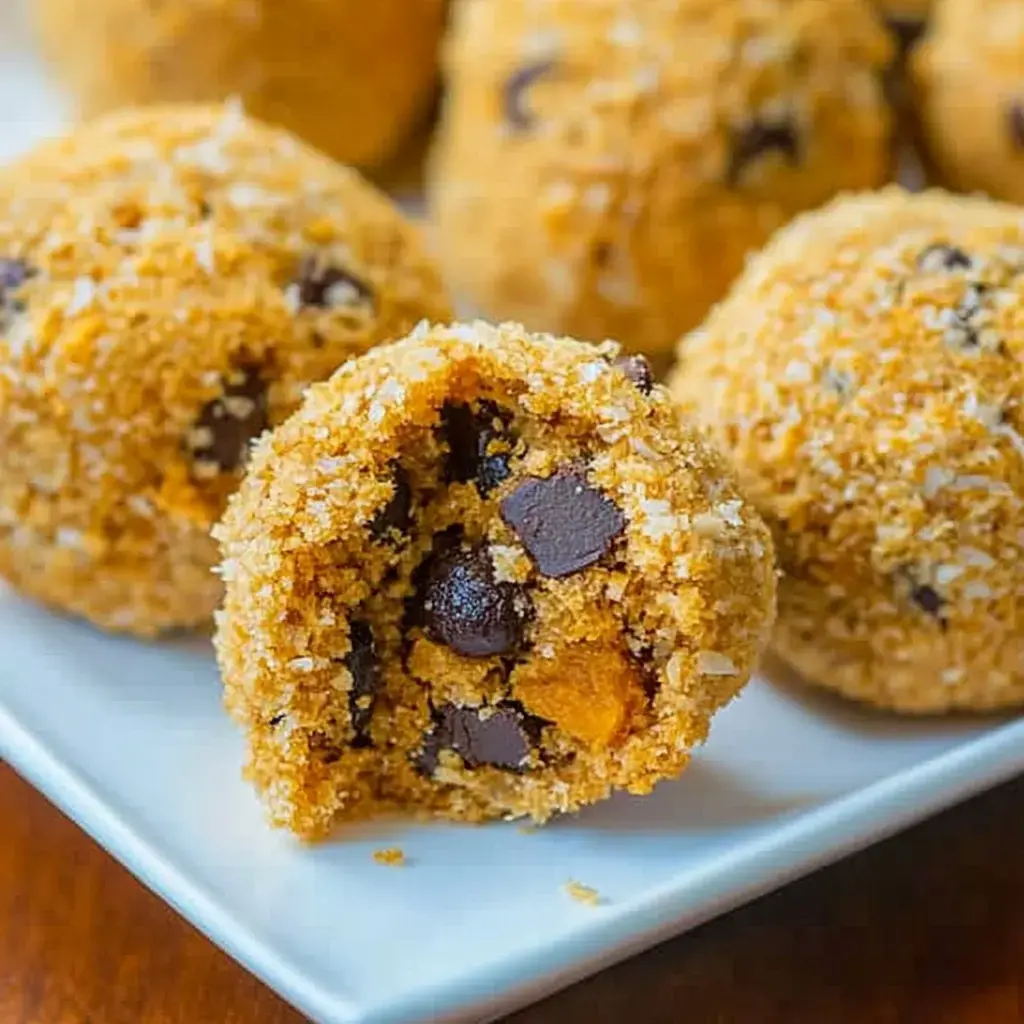 A close-up of a cookie dough ball, revealing chocolate chips and a crumbly exterior, with several similar balls in the background.