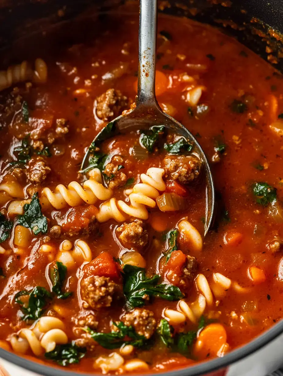 A close-up of a rich, red pasta soup with spiraled pasta, ground meat, and vegetables in a pot.