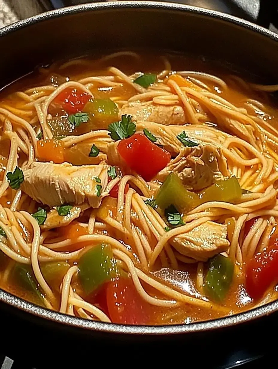 A bowl of chicken noodle soup with spaghetti, colorful bell peppers, and fresh cilantro.