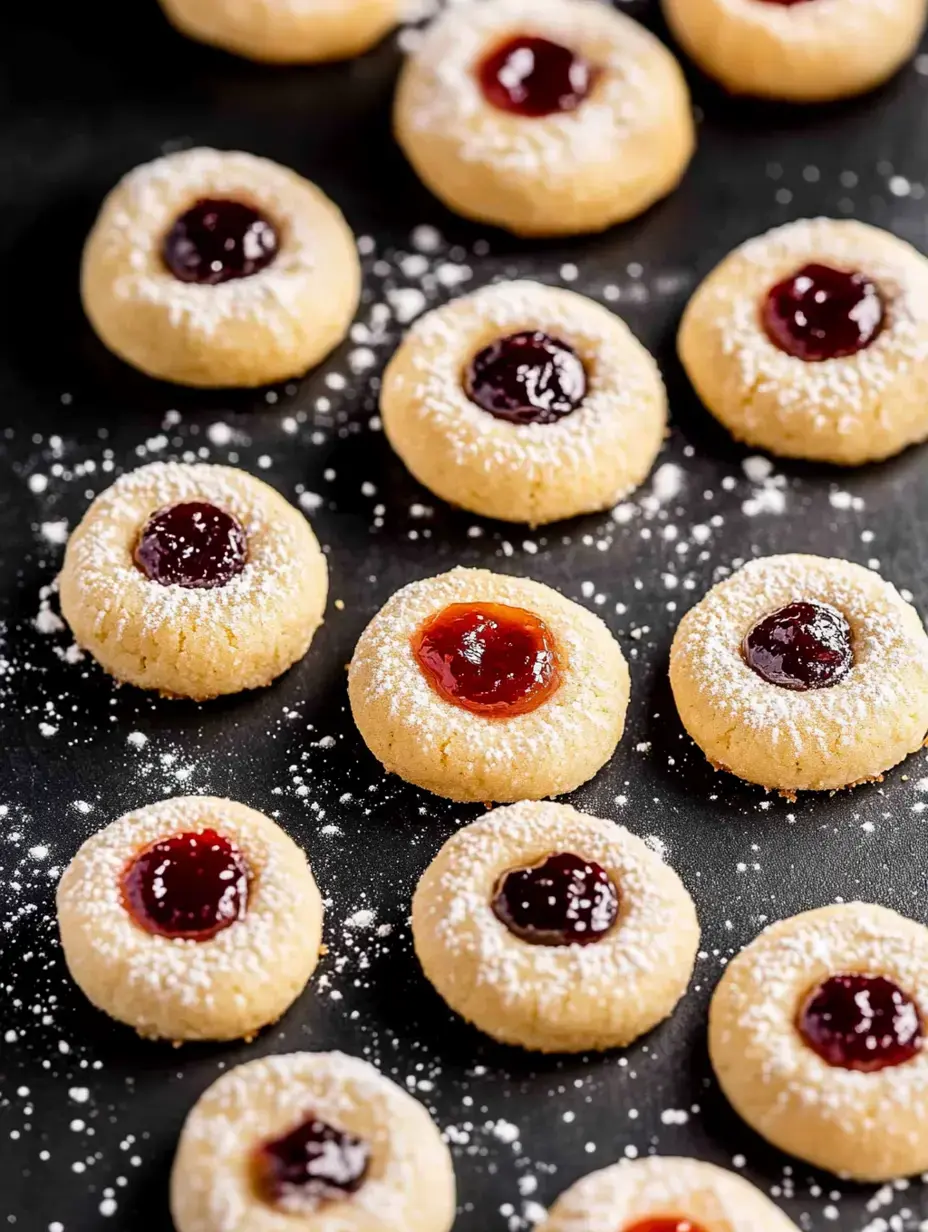 A tray of thumbprint cookies dusted with powdered sugar, featuring various flavors of jam in the center.