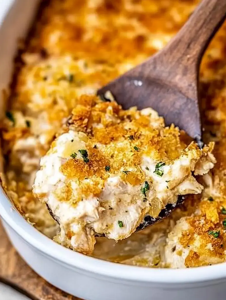 A close-up of a serving spoon lifting creamy baked casserole topped with golden breadcrumbs from a dish.