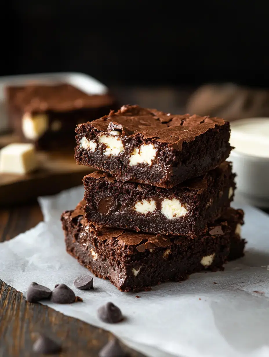 Three stacked brownies with chocolate and white chocolate chips, placed on parchment paper, surrounded by chocolate chips on a wooden surface.