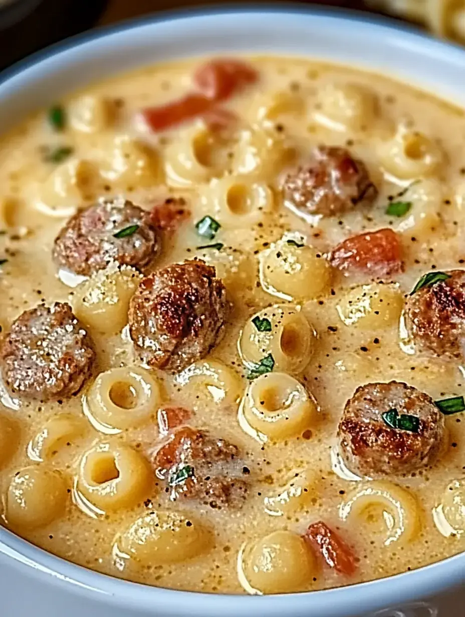 A creamy bowl of pasta with small meatballs and diced tomatoes, garnished with fresh herbs.