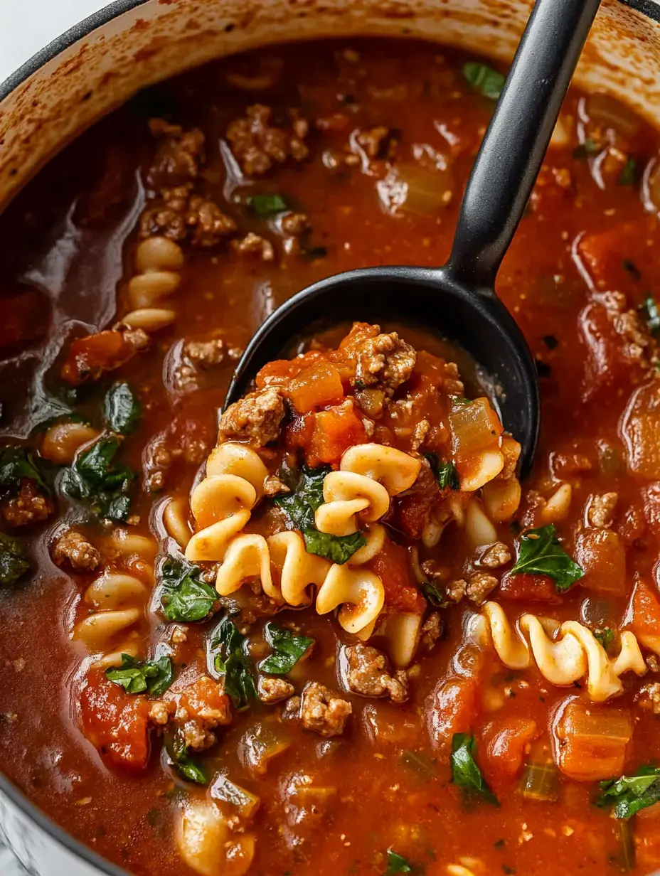 A close-up of a pot of hearty meat and vegetable soup with rotini pasta and spinach, served with a black spoon.