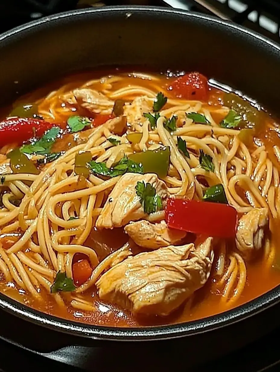 A pot of chicken and vegetable noodles is simmering in a flavorful broth, garnished with fresh cilantro.