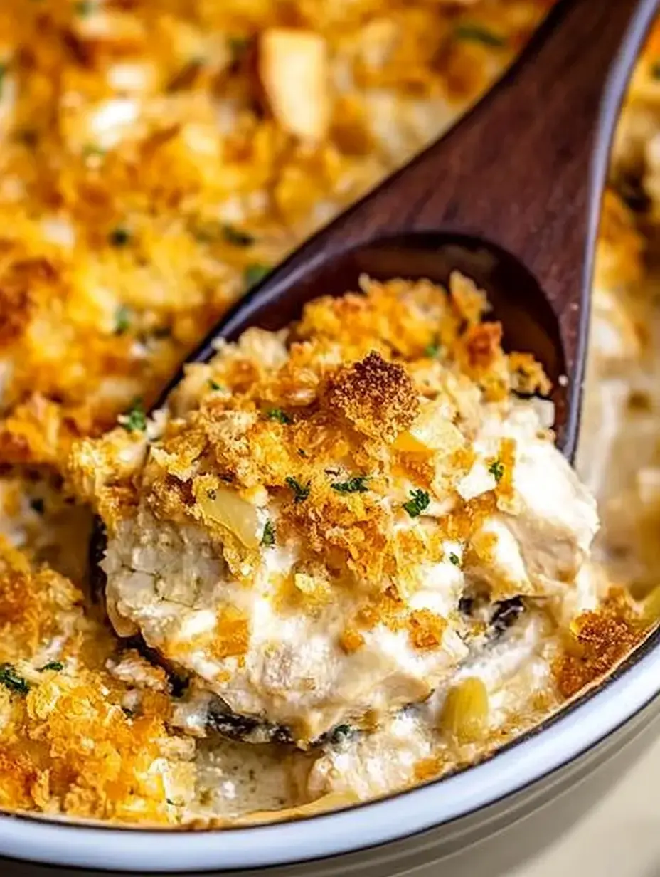 A wooden spoon is scooping a creamy chicken casserole topped with crispy breadcrumbs and herbs from a baking dish.