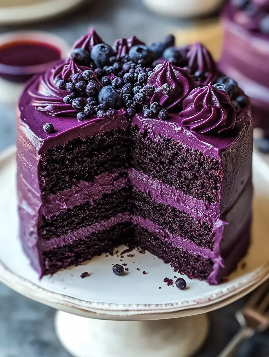 A rich, three-layer chocolate cake with purple frosting and topped with fresh blueberries, displaying a slice cut out to reveal its interior.