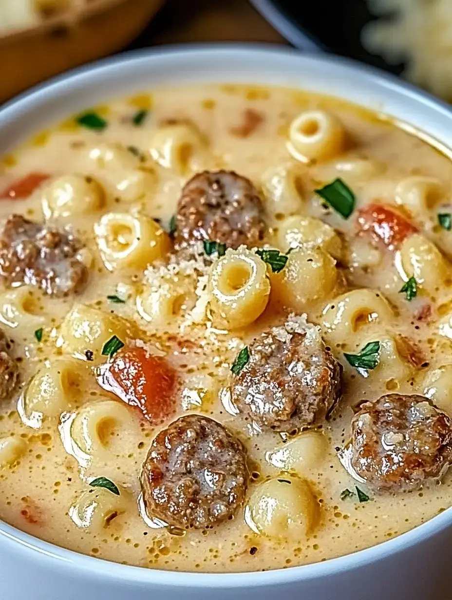 A close-up of a creamy soup featuring small pasta, meatballs, and garnished with parsley.