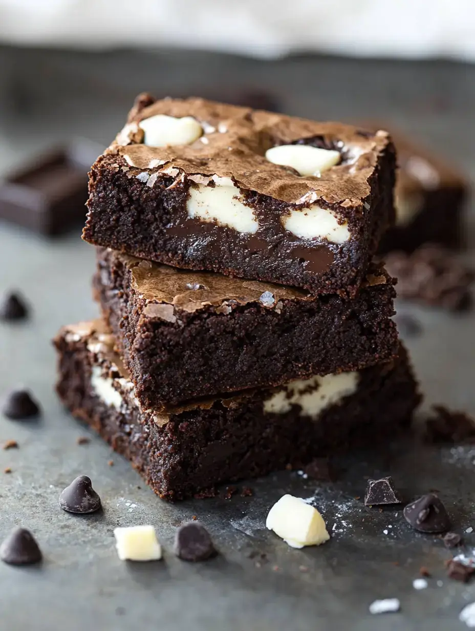 A stack of chocolate brownies with a creamy white chocolate center and sprinkled with sea salt, surrounded by chocolate chips on a dark surface.