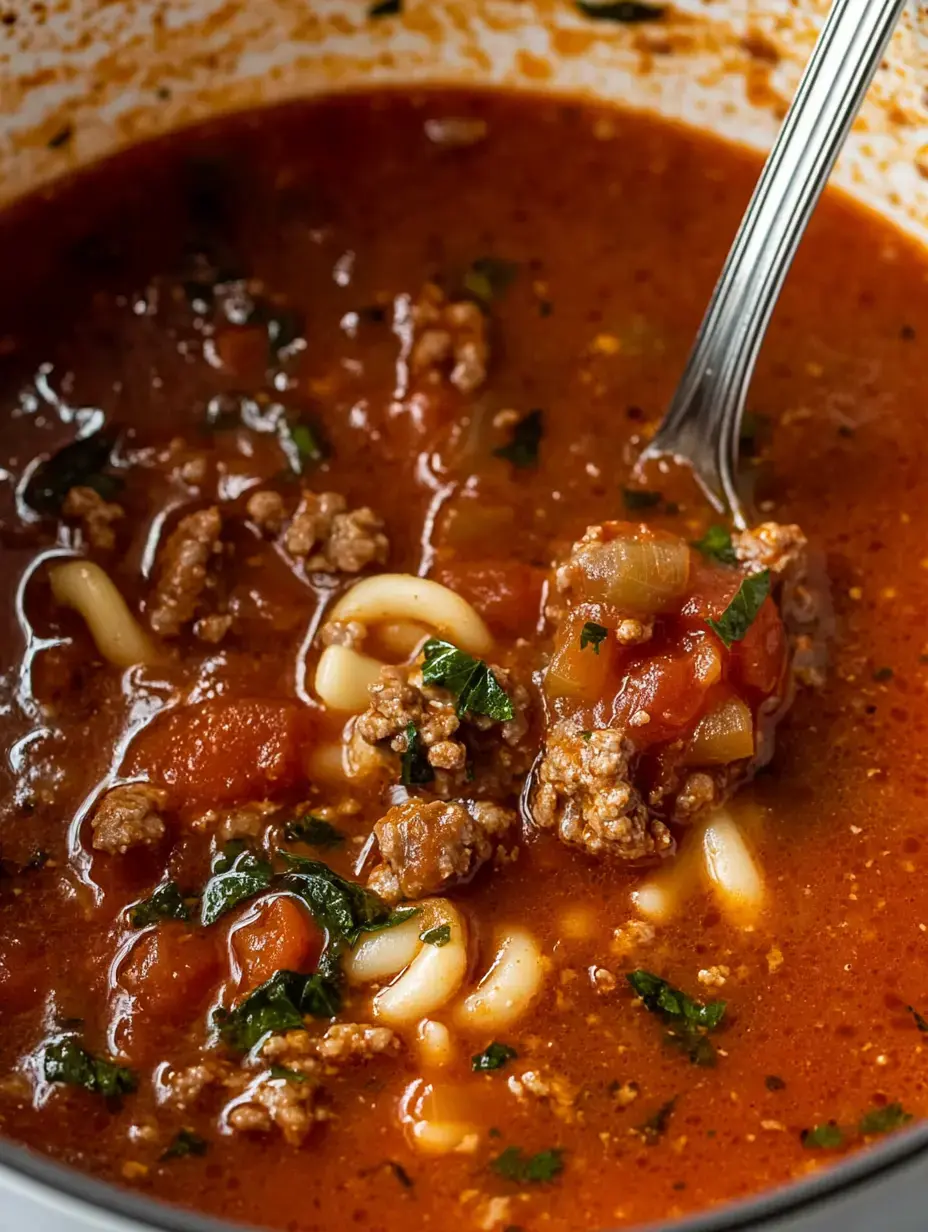 A close-up of a hearty soup with ground beef, pasta, tomatoes, and green herbs in a deep bowl.