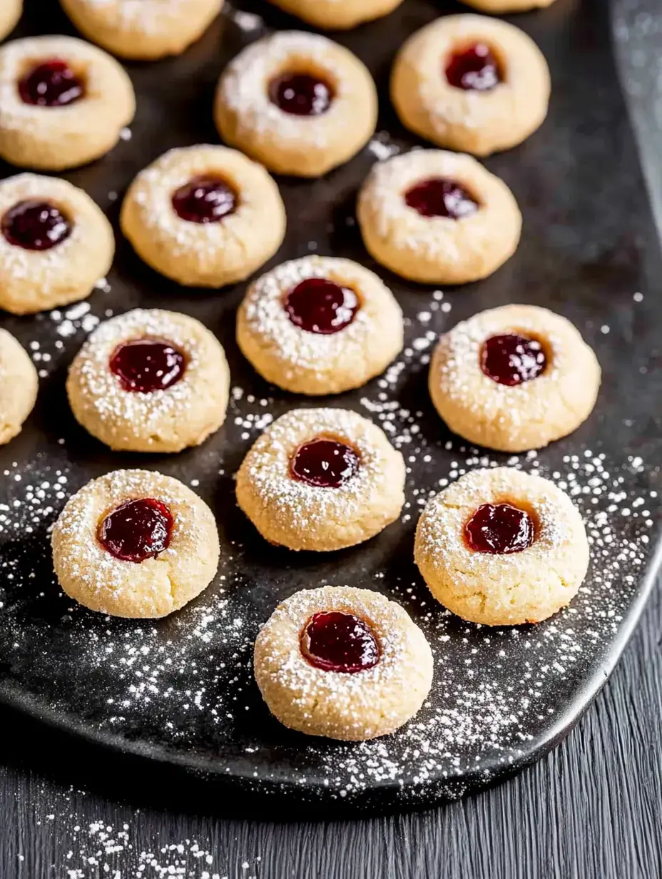 A tray of powdered sugar-dusted cookies with a shiny red jam center arranged neatly on a dark surface.