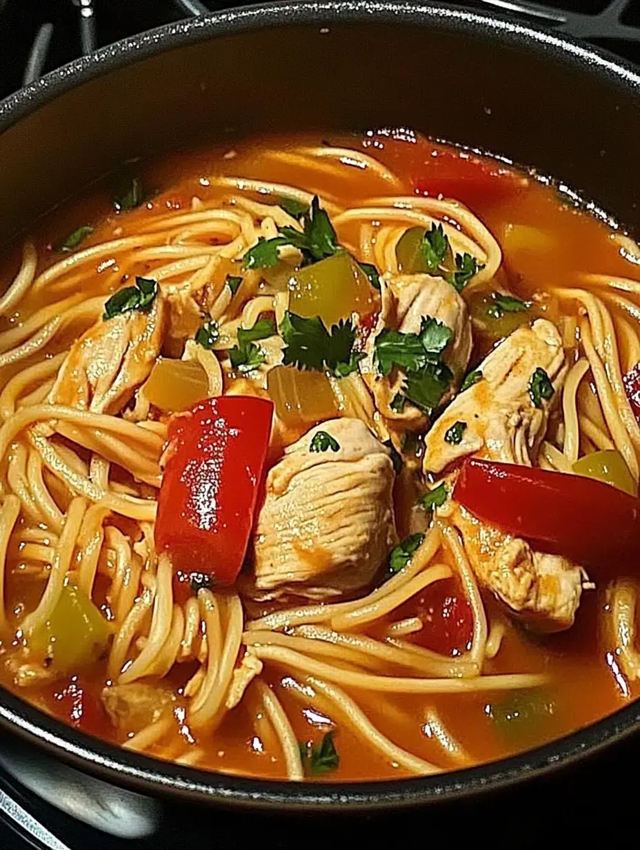 A close-up of a pot filled with chicken spaghetti soup, featuring strands of pasta, pieces of chicken, and colorful bell pepper and celery chunks, garnished with fresh cilantro.