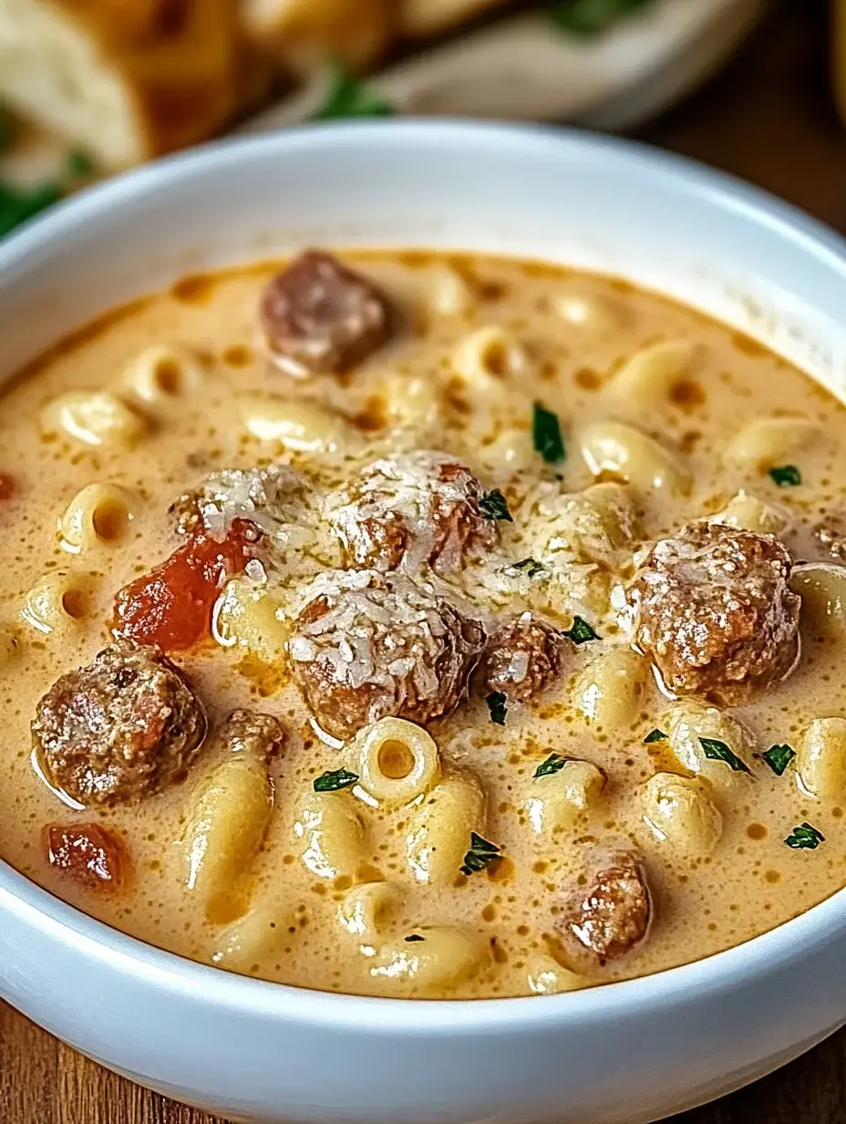 A close-up of a bowl of creamy pasta soup with meatballs, garnished with herbs and cheese.