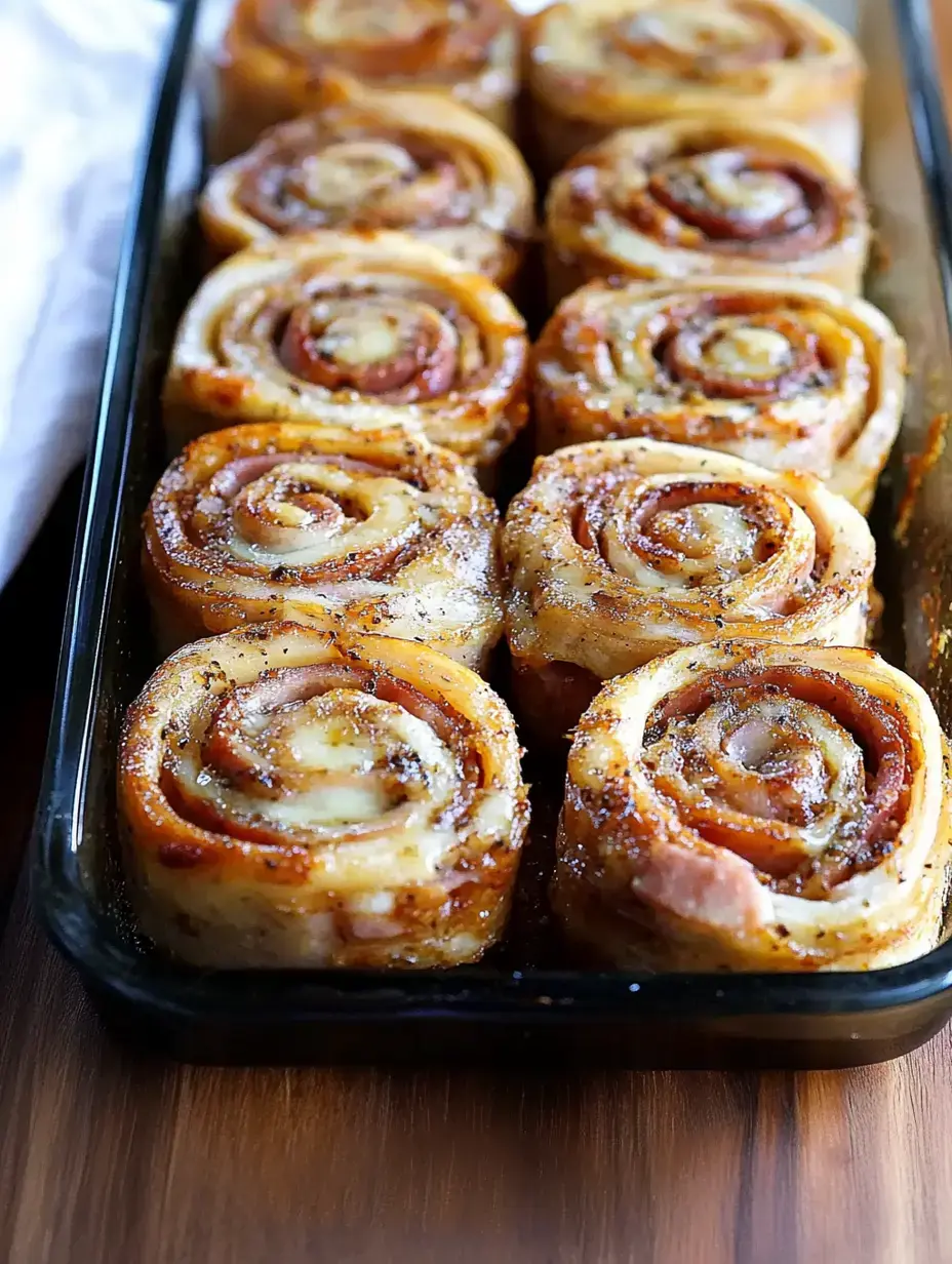 A baking dish filled with freshly baked cinnamon rolls, golden brown and swirled with cinnamon and sugar.