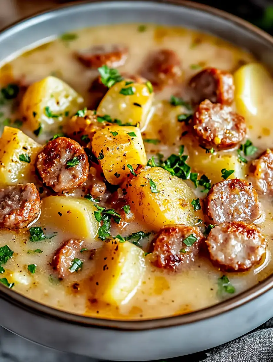 A bowl of creamy soup with sausage slices and diced potatoes, garnished with fresh parsley.