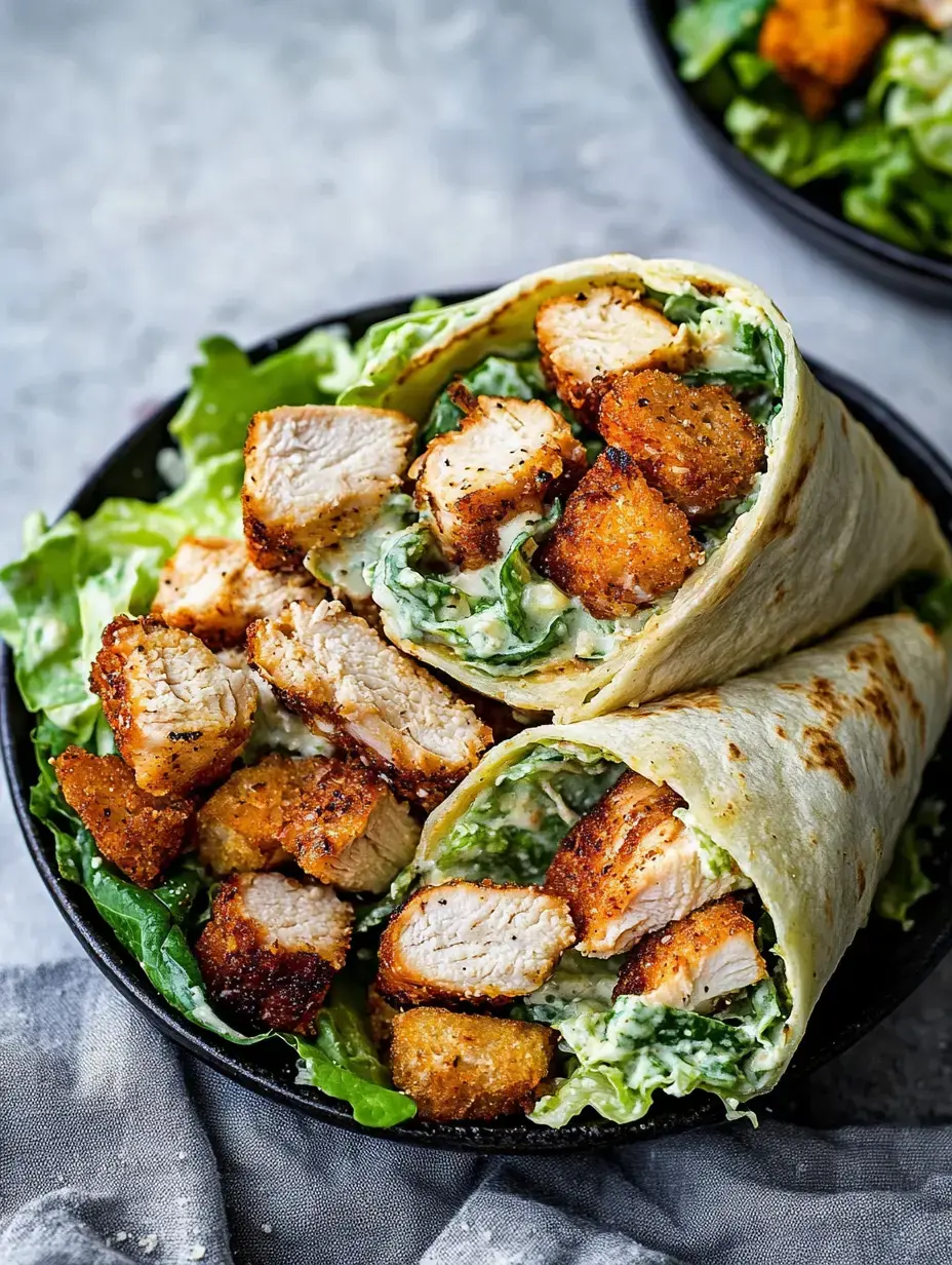 Two tortillas filled with crispy chicken, lettuce, and creamy dressing, served in a black bowl alongside pieces of chicken and greens.