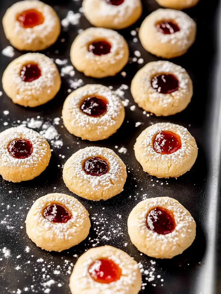 A tray of round cookies topped with colorful fruit jam centers and dusted with powdered sugar.