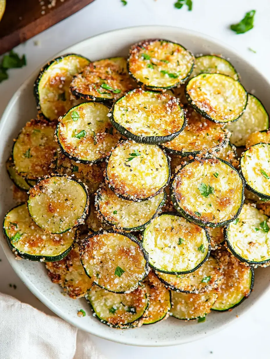 A plate of golden-brown, crispy zucchini slices garnished with herbs.