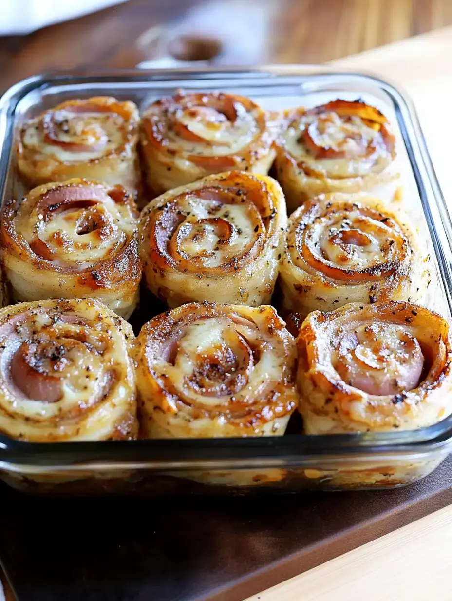 A glass baking dish filled with neatly arranged, spiraled potato rolls with ham and cheese, topped with a golden brown crust.