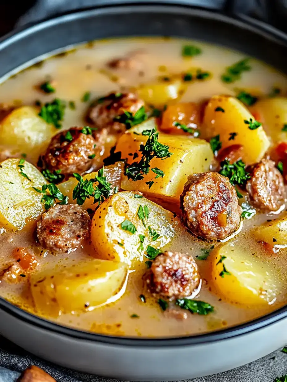 A close-up of a bowl of hearty soup featuring sausage, potatoes, and vegetables, garnished with fresh parsley.