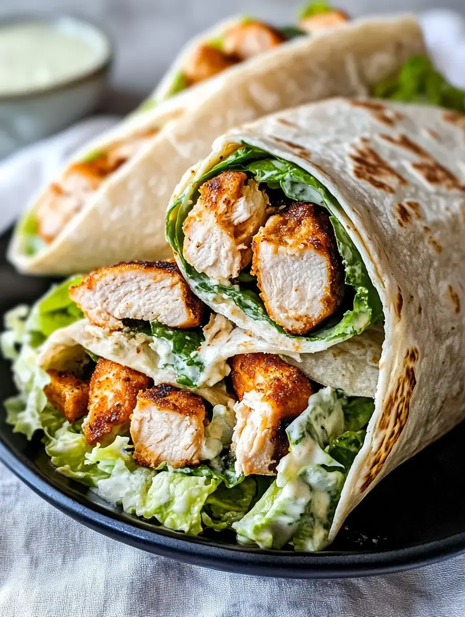 A close-up of a plate featuring folded tortillas filled with grilled chicken, lettuce, and a creamy dressing.