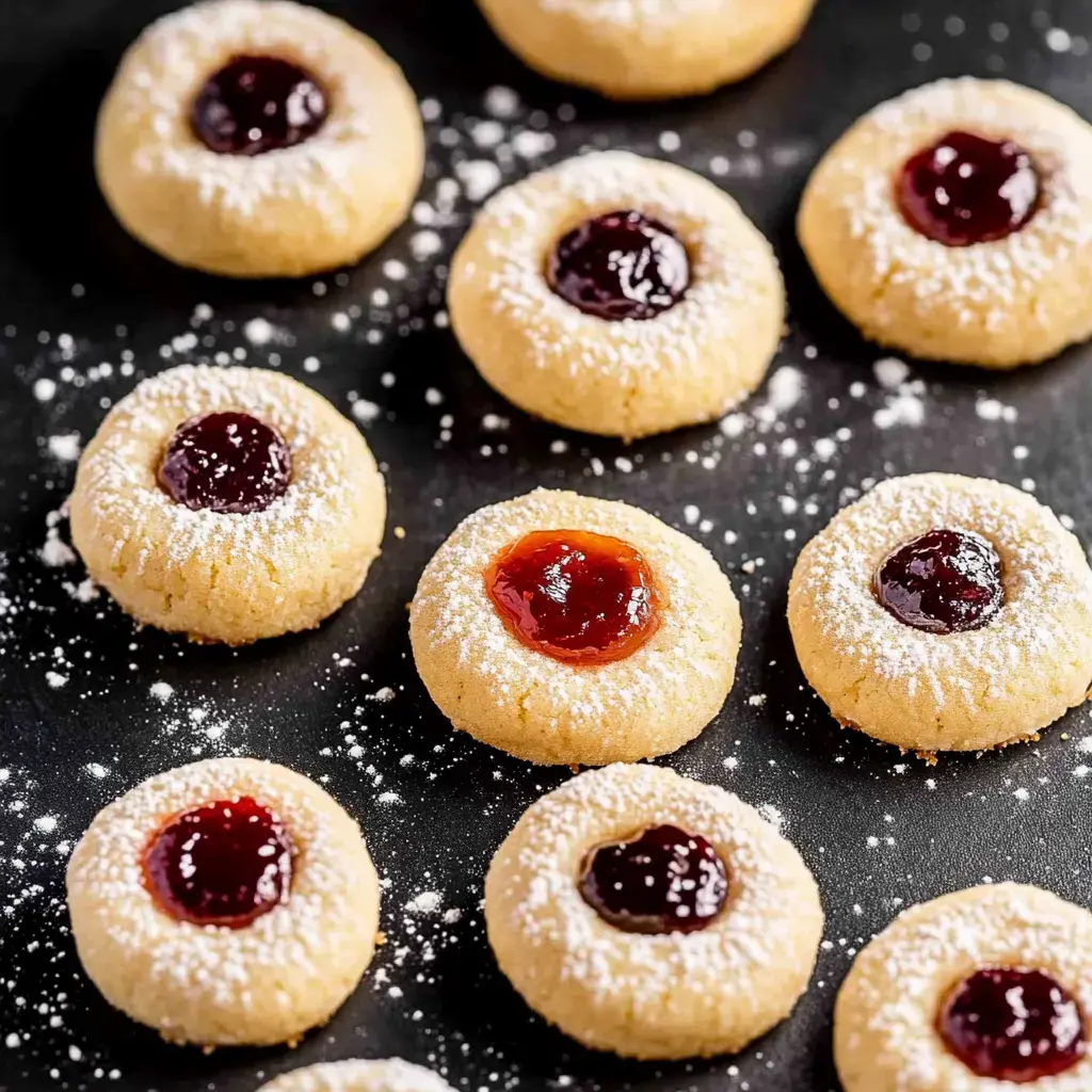 A close-up view of round cookies dusted with powdered sugar, each featuring a center filled with fruit jam.