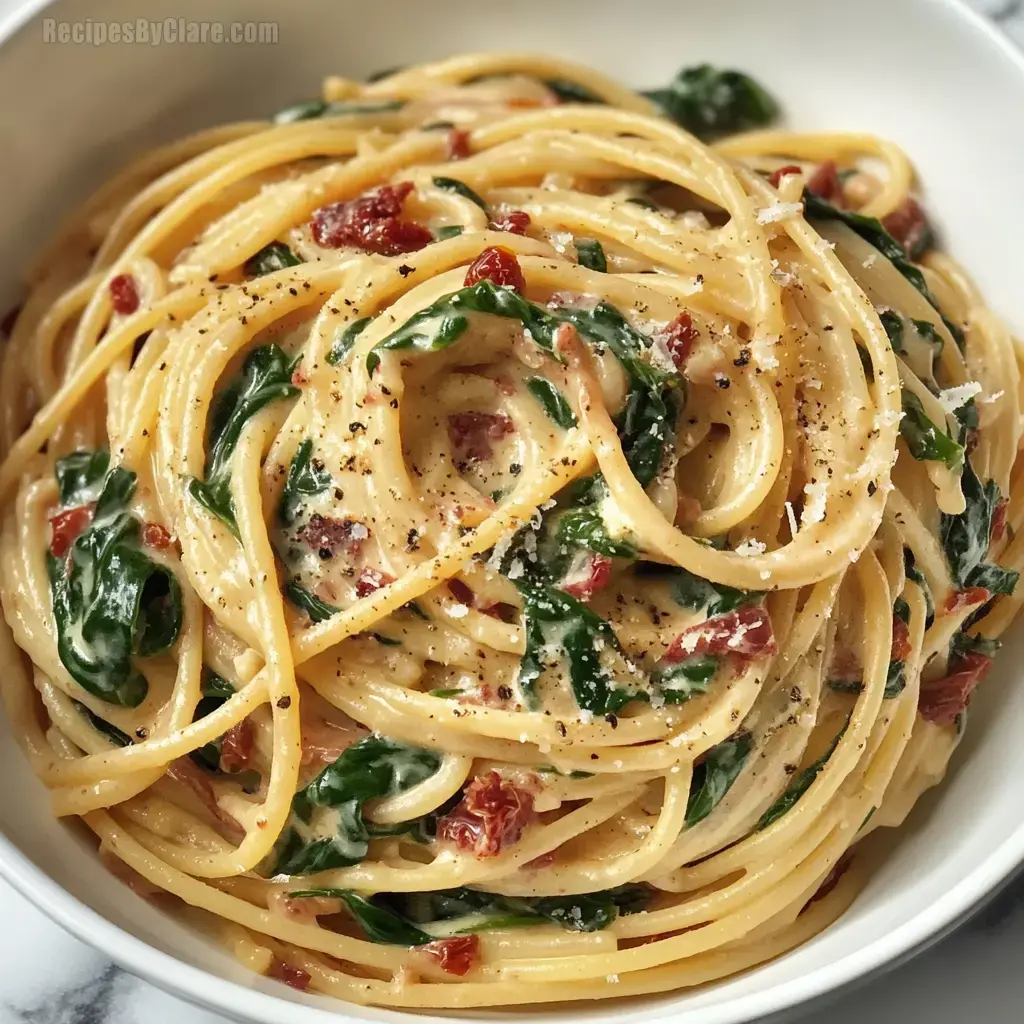 Spaghetti with Spinach & Sun-Dried Tomato Cream Sauce