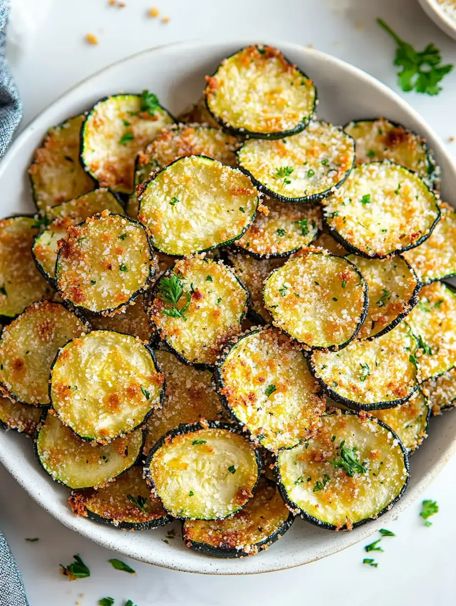 A close-up image of a bowl filled with golden-brown, crispy zucchini slices, garnished with chopped parsley.