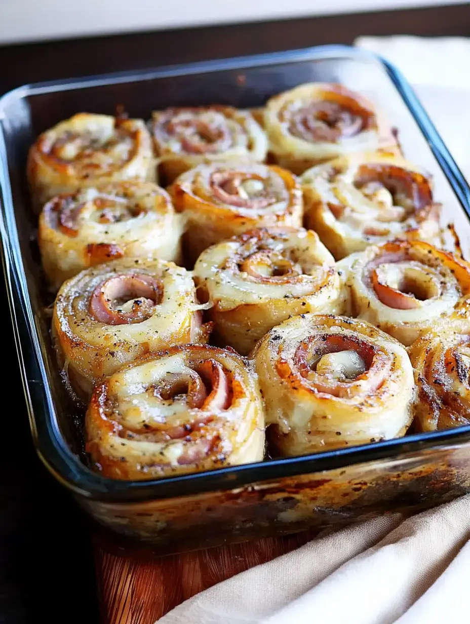 A glass baking dish filled with neatly arranged, golden-brown potato and ham rolls.