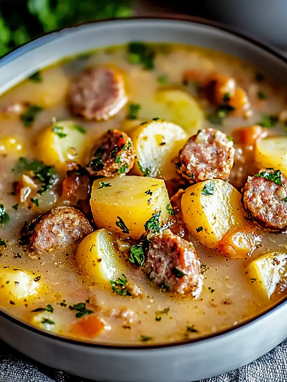 A bowl of hearty sausage and potato soup garnished with fresh parsley.