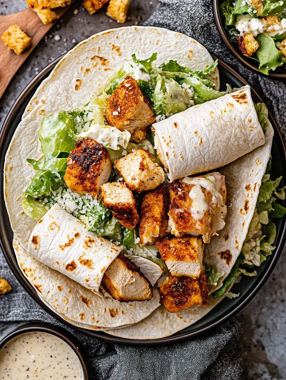 A plate filled with a tortilla wrap containing grilled chicken, lettuce, and dressing, accompanied by croutons and a small dish of dipping sauce.