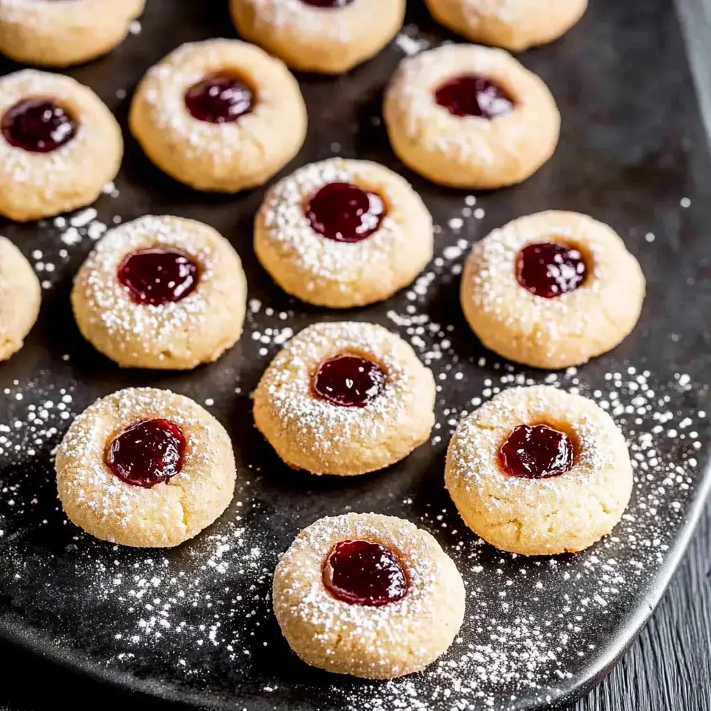 A plate of freshly baked cookies topped with powdered sugar and filled with a red fruit jam.