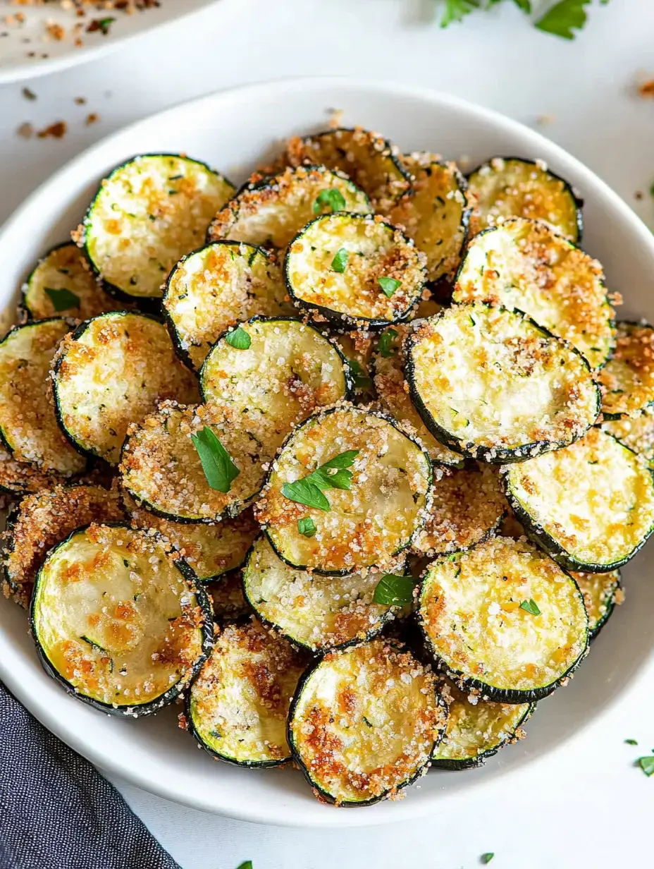 A bowl of crispy, golden-brown baked zucchini slices garnished with green herbs.